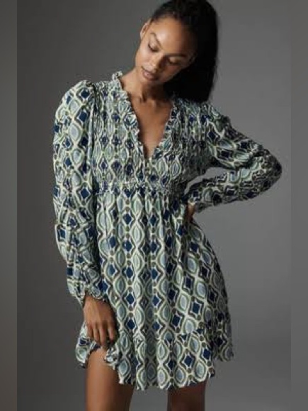 NWOT anthropology Printed V-Neck Smocked Waist Mini Dress - Blue/Green